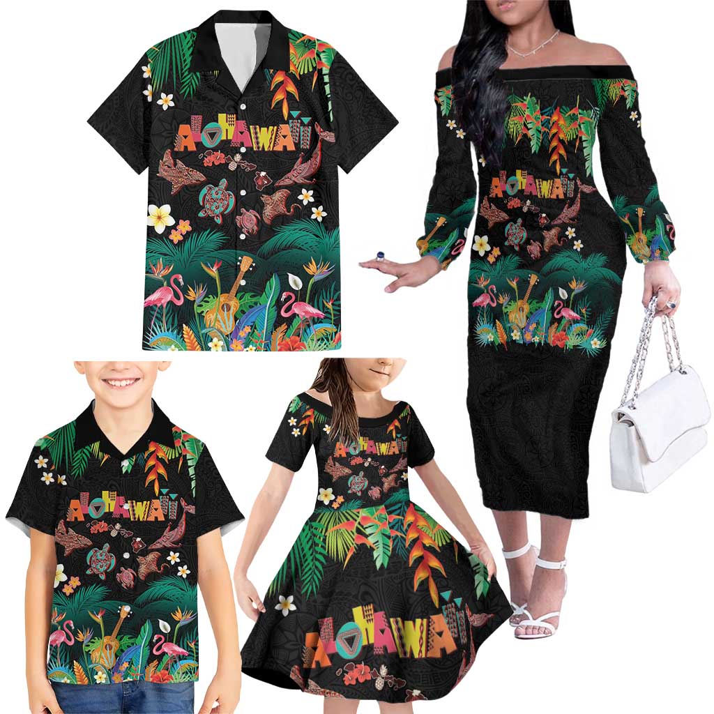 Hawaiian Alohawaii Family Matching Off The Shoulder Long Sleeve Dress and Hawaiian Shirt Tribal Sea Animals Tattoo and Tropical Plants LT03 - Polynesian Pride