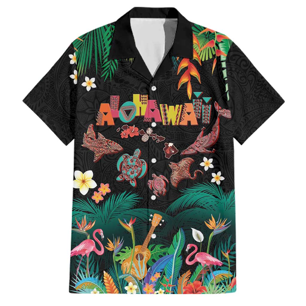 Hawaiian Alohawaii Family Matching Off Shoulder Maxi Dress and Hawaiian Shirt Tribal Sea Animals Tattoo and Tropical Plants LT03 Dad's Shirt - Short Sleeve Black - Polynesian Pride