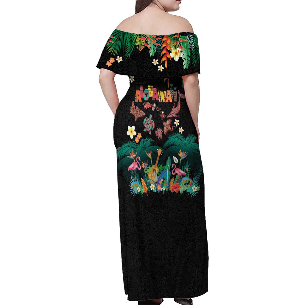 Hawaiian Alohawaii Family Matching Off Shoulder Maxi Dress and Hawaiian Shirt Tribal Sea Animals Tattoo and Tropical Plants LT03 - Polynesian Pride