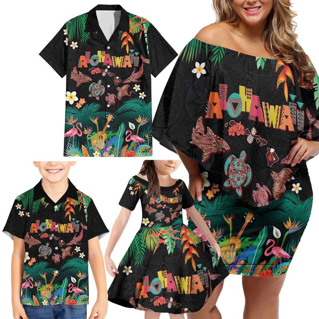 Hawaiian Alohawaii Family Matching Off Shoulder Short Dress and Hawaiian Shirt Tribal Sea Animals Tattoo and Tropical Plants - Polynesian Pride