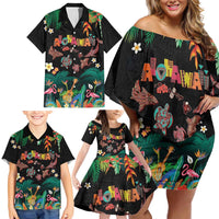 Hawaiian Alohawaii Family Matching Off Shoulder Short Dress and Hawaiian Shirt Tribal Sea Animals Tattoo and Tropical Plants LT03 - Polynesian Pride