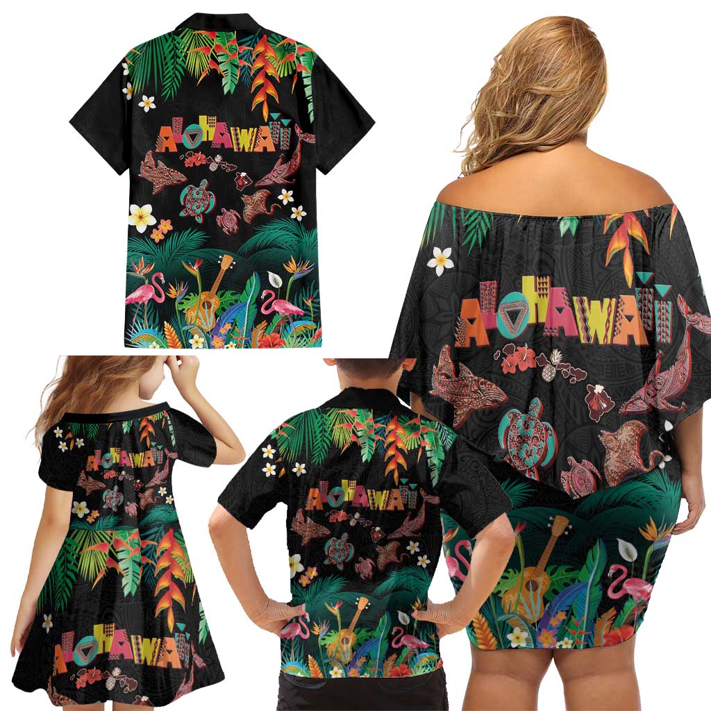 Hawaiian Alohawaii Family Matching Off Shoulder Short Dress and Hawaiian Shirt Tribal Sea Animals Tattoo and Tropical Plants LT03 - Polynesian Pride