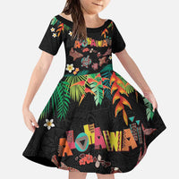 Hawaiian Alohawaii Family Matching Puletasi and Hawaiian Shirt Tribal Sea Animals Tattoo and Tropical Plants LT03 Daughter's Dress Black - Polynesian Pride