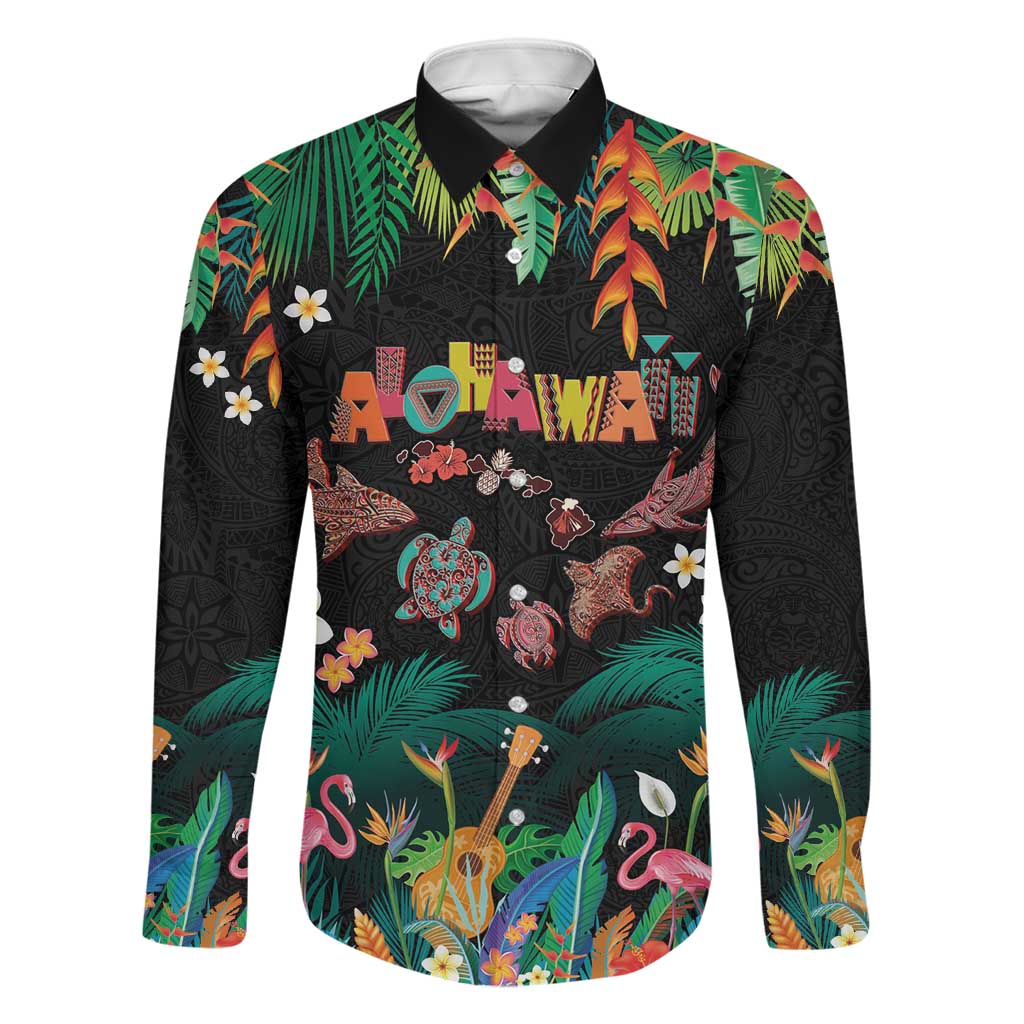 Hawaiian Alohawaii Family Matching Tank Maxi Dress and Hawaiian Shirt Tribal Sea Animals Tattoo and Tropical Plants LT03 Dad's Shirt - Long Sleeve Black - Polynesian Pride