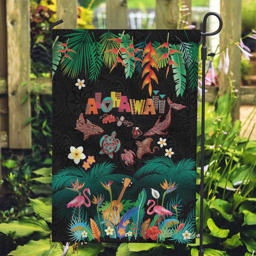 Hawaiian Alohawaii Garden Flag Tribal Sea Animals Tattoo and Tropical Plants LT03 Garden Flag Black - Polynesian Pride