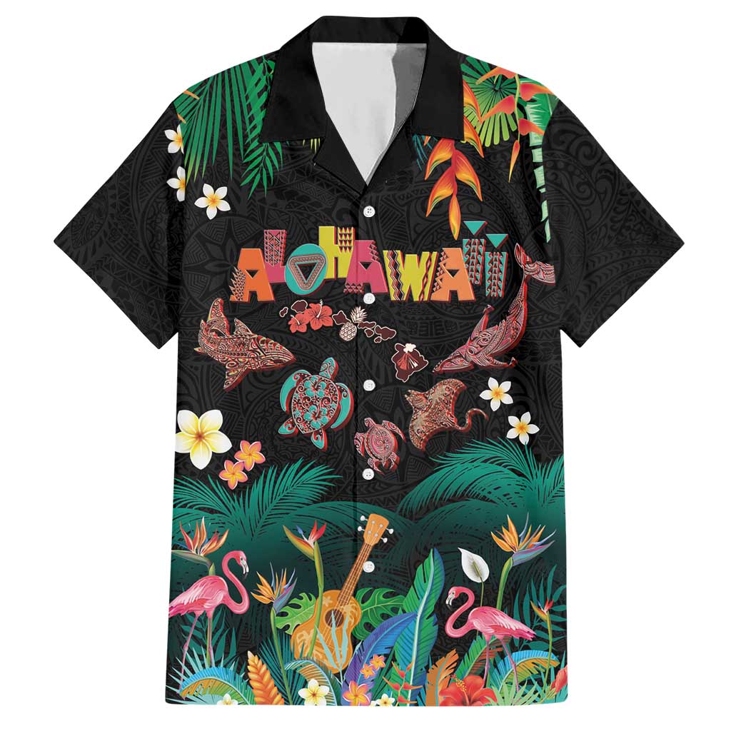 Hawaiian Alohawaii Hawaiian Shirt Tribal Sea Animals Tattoo and Tropical Plants LT03 Black - Polynesian Pride