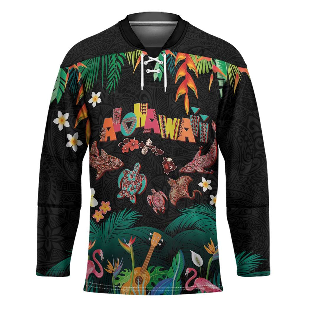 Hawaiian Alohawaii Hockey Jersey Tribal Sea Animals Tattoo and Tropical Plants LT03 Unisex Black - Polynesian Pride