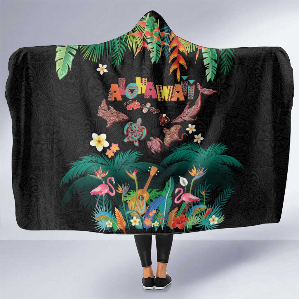 Hawaiian Alohawaii Hooded Blanket Tribal Sea Animals Tattoo and Tropical Plants LT03 One Size Black - Polynesian Pride