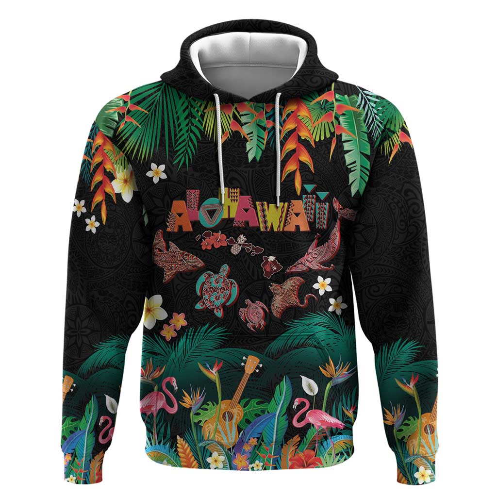 Hawaiian Alohawaii Hoodie Tribal Sea Animals Tattoo and Tropical Plants LT03 Pullover Hoodie Black - Polynesian Pride