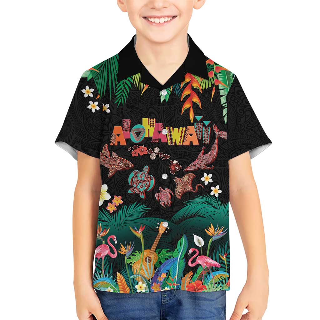 Hawaiian Alohawaii Kid Hawaiian Shirt Tribal Sea Animals Tattoo and Tropical Plants LT03 Kid Black - Polynesian Pride