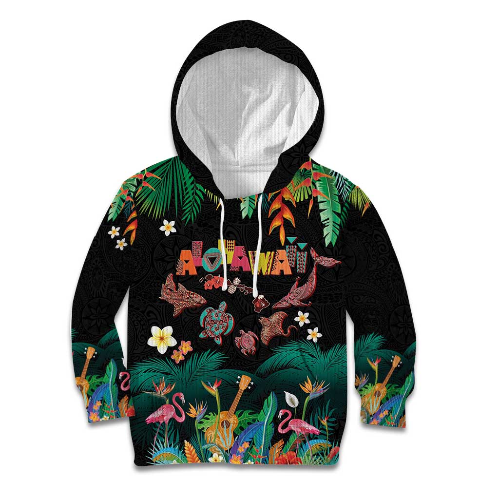 Hawaiian Alohawaii Kid Hoodie Tribal Sea Animals Tattoo and Tropical Plants LT03 Hoodie Black - Polynesian Pride