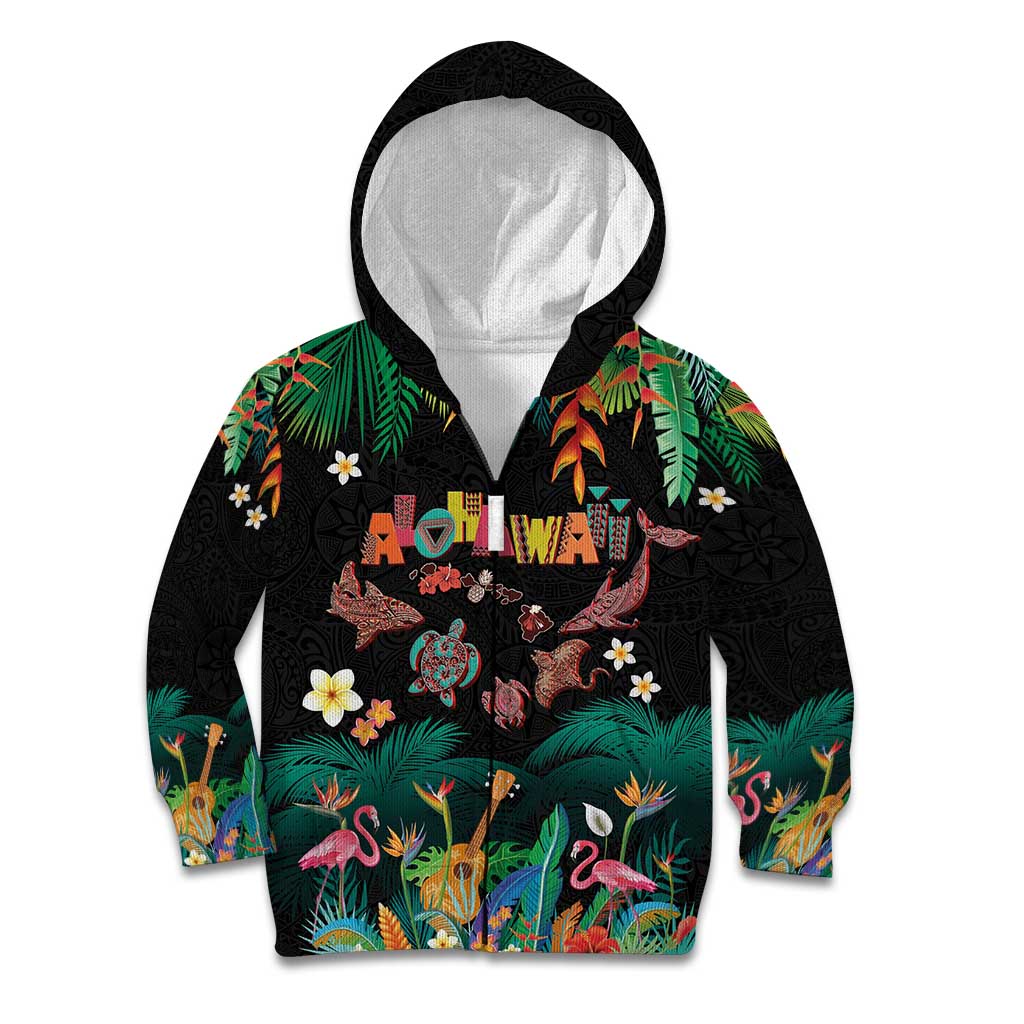 Hawaiian Alohawaii Kid Hoodie Tribal Sea Animals Tattoo and Tropical Plants LT03 Zip Hoodie Black - Polynesian Pride
