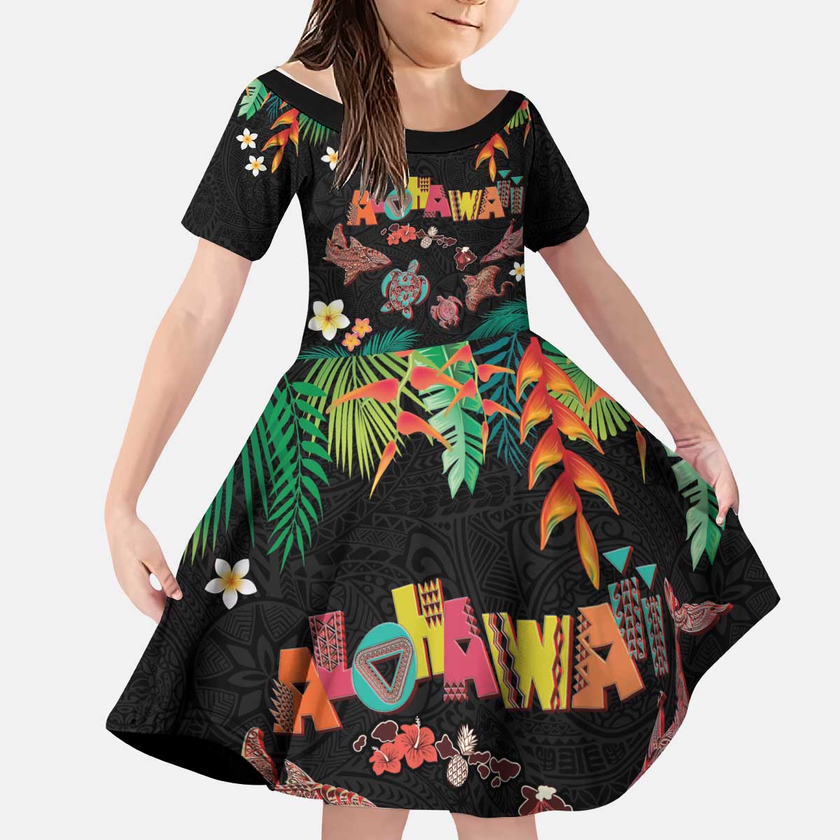 Hawaiian Alohawaii Kid Short Sleeve Dress Tribal Sea Animals Tattoo and Tropical Plants LT03 KID Black - Polynesian Pride