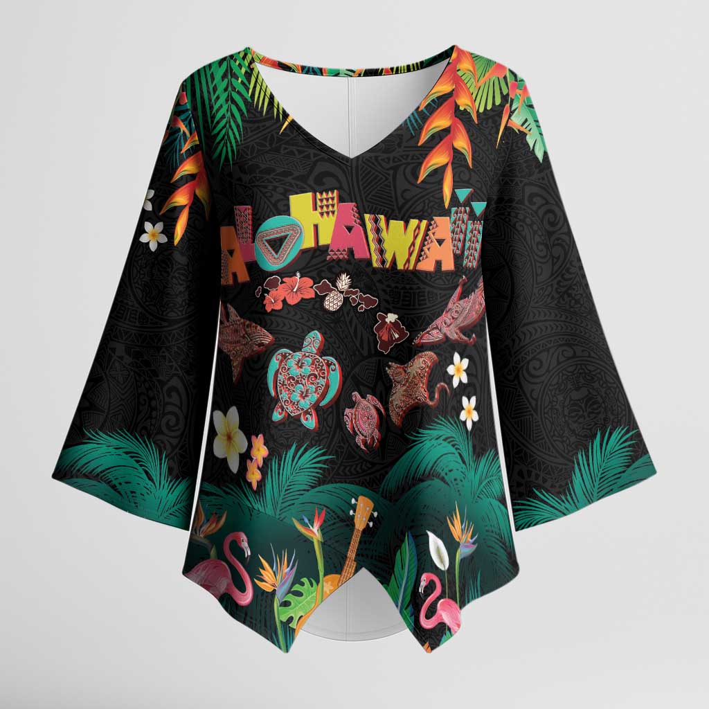 Hawaiian Alohawaii Kimono Sleeve Blouse Tribal Sea Animals Tattoo and Tropical Plants LT03 Female Black - Polynesian Pride