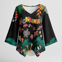 Hawaiian Alohawaii Kimono Sleeve Blouse Tribal Sea Animals Tattoo and Tropical Plants LT03 Female Black - Polynesian Pride