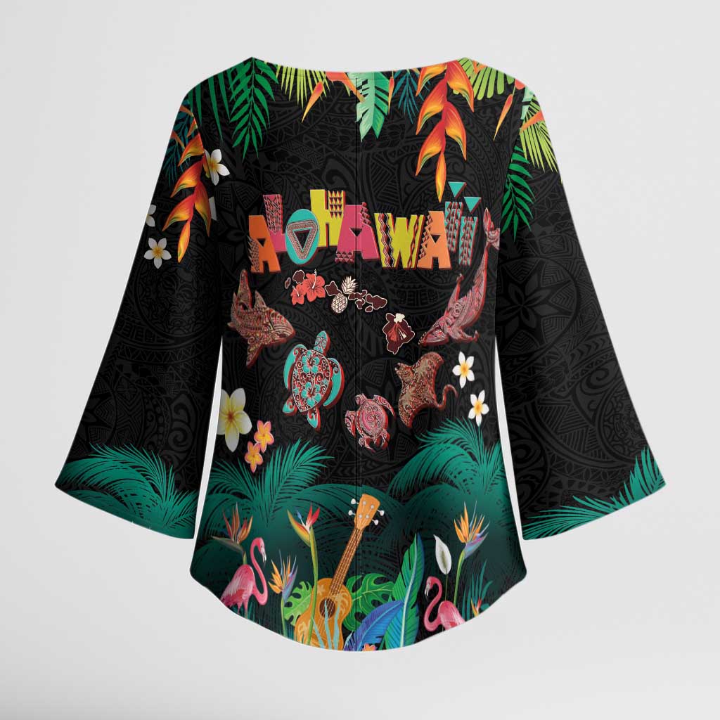 Hawaiian Alohawaii Kimono Sleeve Blouse Tribal Sea Animals Tattoo and Tropical Plants LT03 - Polynesian Pride
