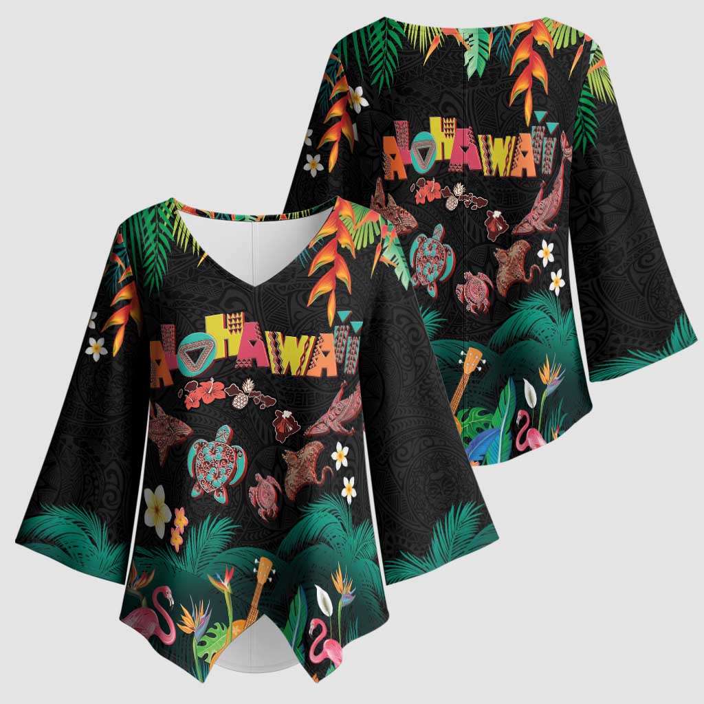 Hawaiian Alohawaii Kimono Sleeve Blouse Tribal Sea Animals Tattoo and Tropical Plants LT03 - Polynesian Pride