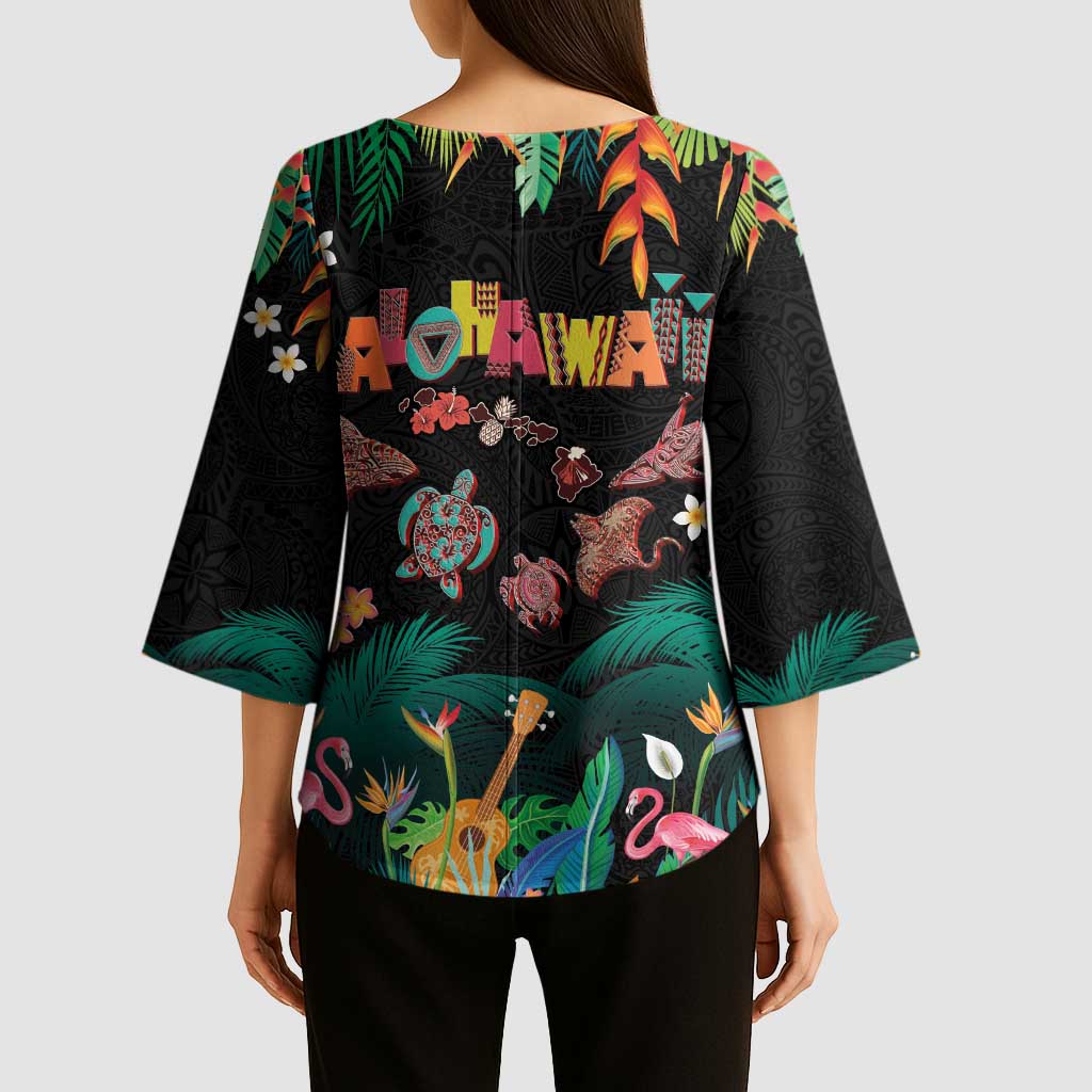 Hawaiian Alohawaii Kimono Sleeve Blouse Tribal Sea Animals Tattoo and Tropical Plants LT03 - Polynesian Pride