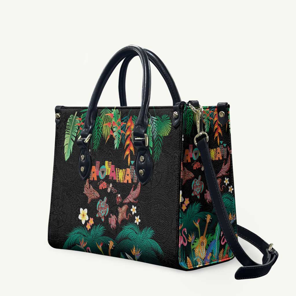 Hawaiian Alohawaii Leather Bag Tribal Sea Animals Tattoo and Tropical Plants LT03 Black - Polynesian Pride