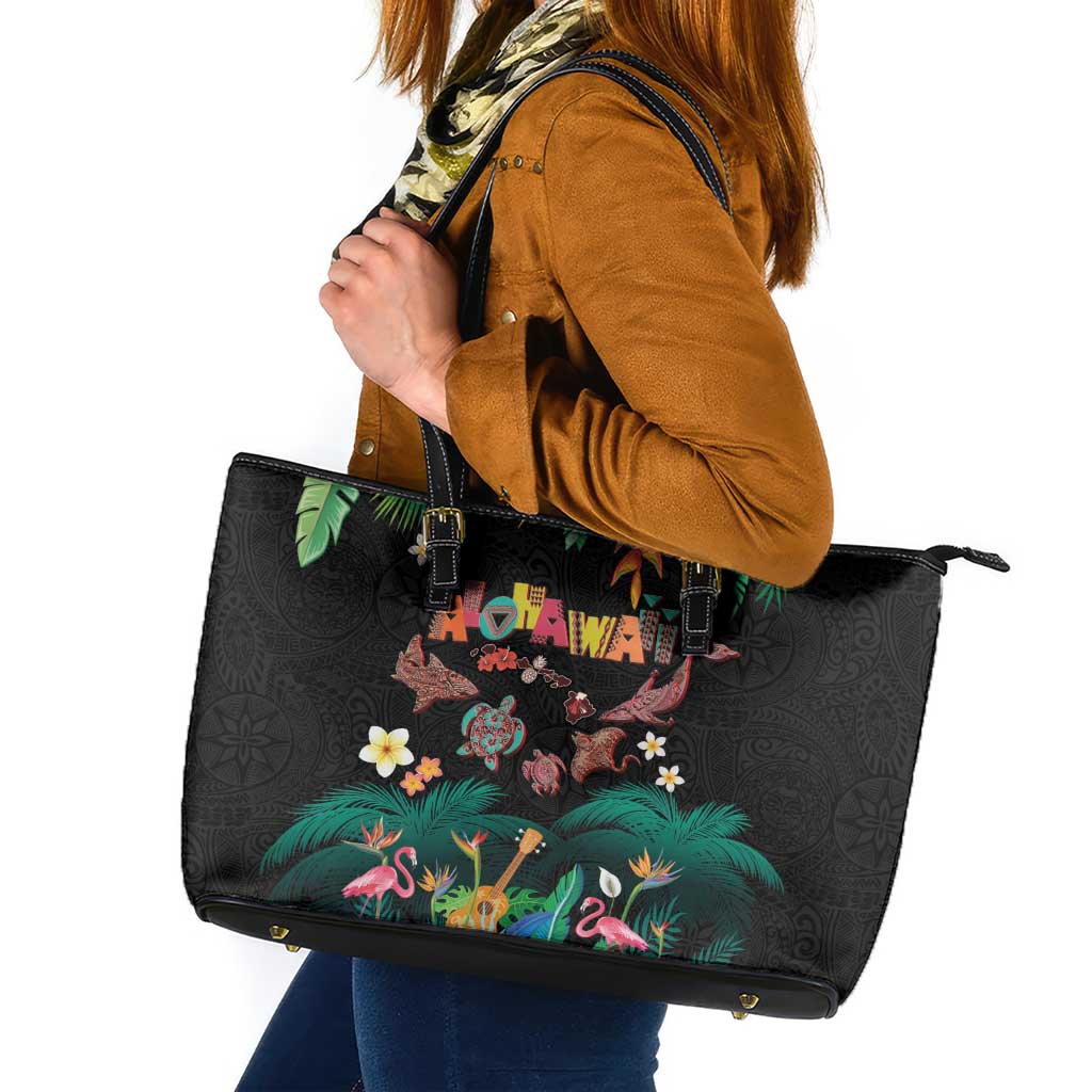 Hawaiian Alohawaii Leather Tote Bag Tribal Sea Animals Tattoo and Tropical Plants LT03 Black - Polynesian Pride
