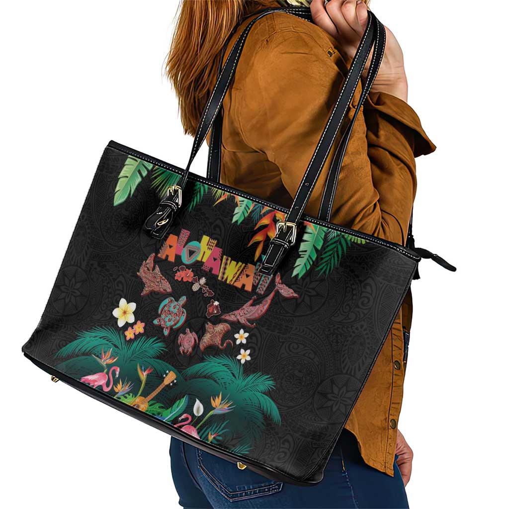 Hawaiian Alohawaii Leather Tote Bag Tribal Sea Animals Tattoo and Tropical Plants LT03 - Polynesian Pride
