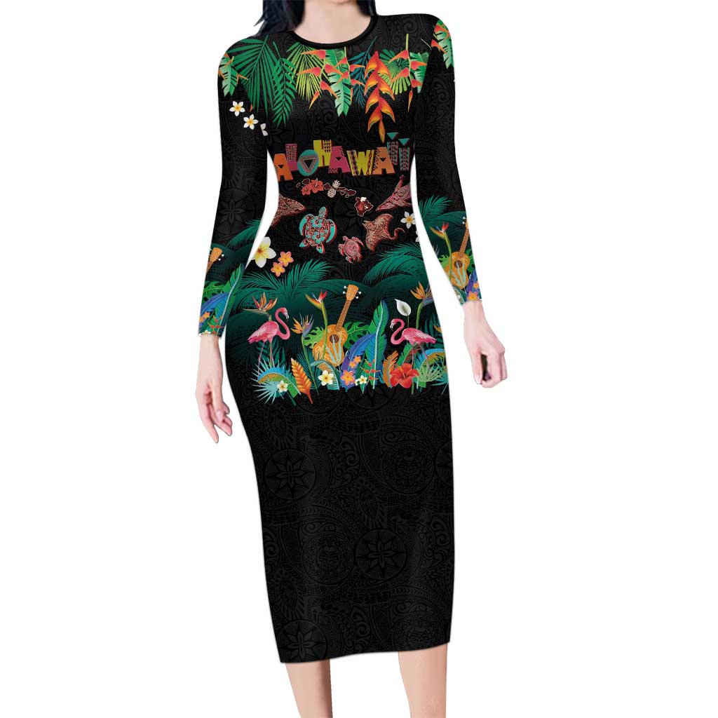 Hawaiian Alohawaii Long Sleeve Bodycon Dress Tribal Sea Animals Tattoo and Tropical Plants - Polynesian Pride