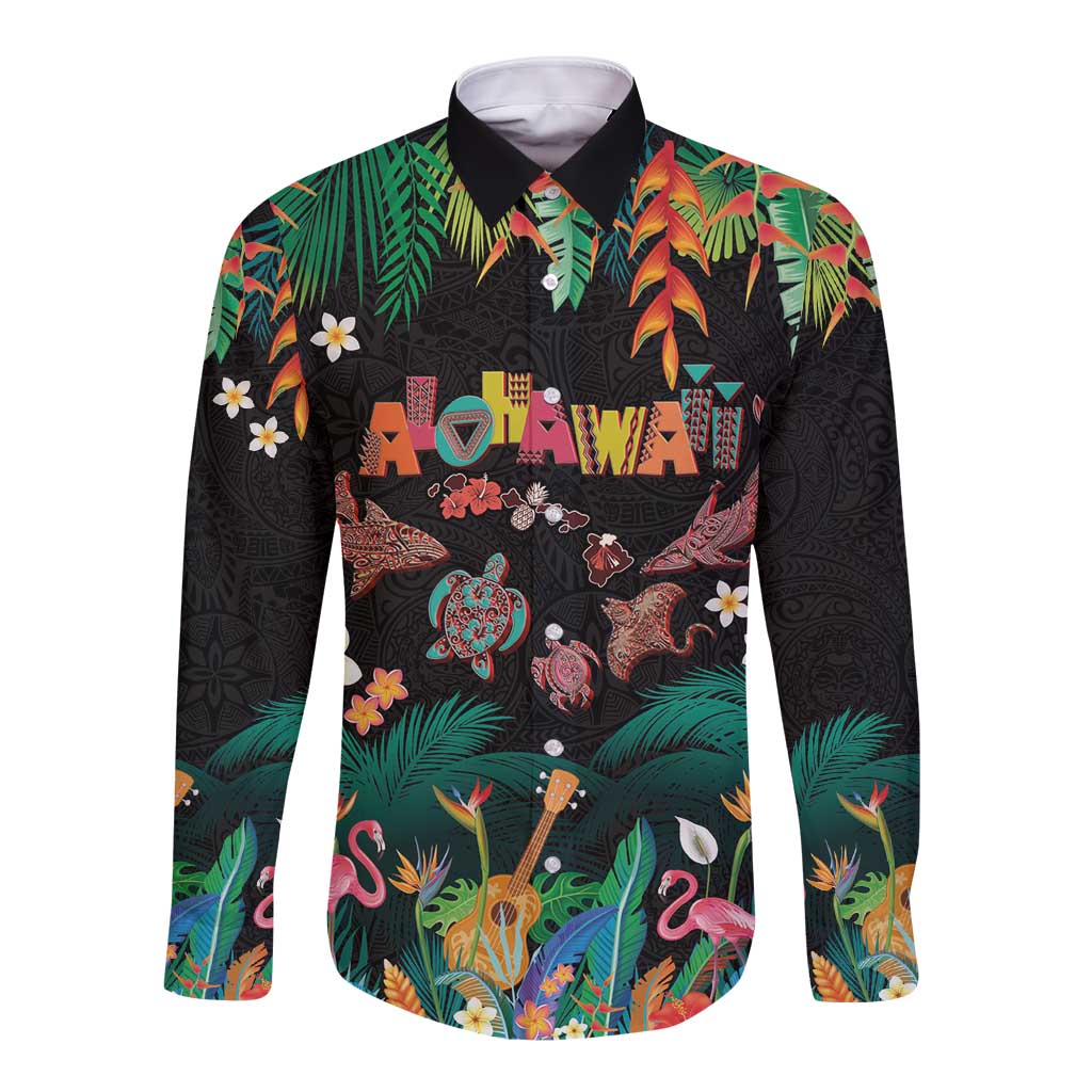 Hawaiian Alohawaii Long Sleeve Button Shirt Tribal Sea Animals Tattoo and Tropical Plants LT03 Unisex Black - Polynesian Pride