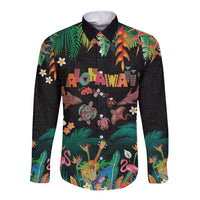 Hawaiian Alohawaii Long Sleeve Button Shirt Tribal Sea Animals Tattoo and Tropical Plants LT03 Unisex Black - Polynesian Pride