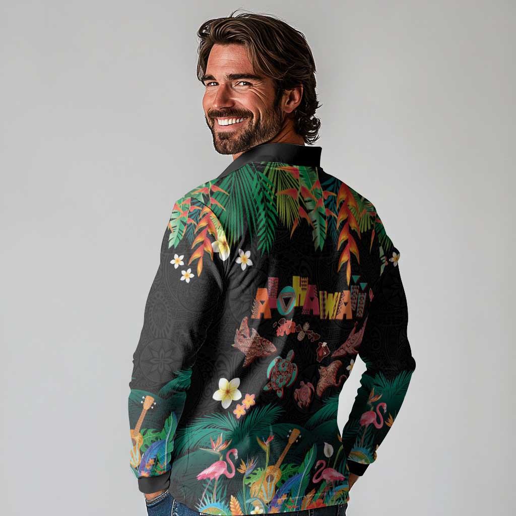 Hawaiian Alohawaii Long Sleeve Polo Shirt Tribal Sea Animals Tattoo and Tropical Plants LT03 - Polynesian Pride