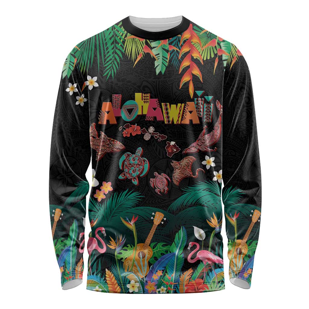 Hawaiian Alohawaii Long Sleeve Shirt Tribal Sea Animals Tattoo and Tropical Plants LT03 Unisex Black - Polynesian Pride