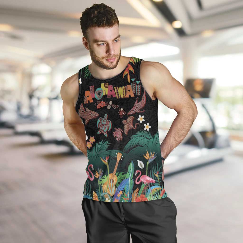 Hawaiian Alohawaii Men Tank Top Tribal Sea Animals Tattoo and Tropical Plants LT03 Black - Polynesian Pride