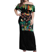 Hawaiian Alohawaii Off Shoulder Maxi Dress Tribal Sea Animals Tattoo and Tropical Plants LT03 Women Black - Polynesian Pride