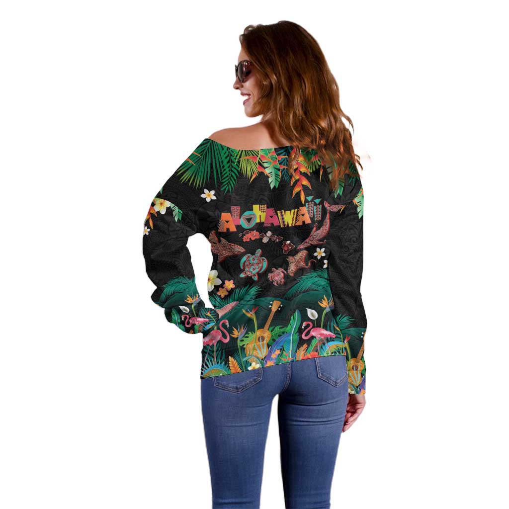 Hawaiian Alohawaii Off Shoulder Sweater Tribal Sea Animals Tattoo and Tropical Plants LT03 - Polynesian Pride