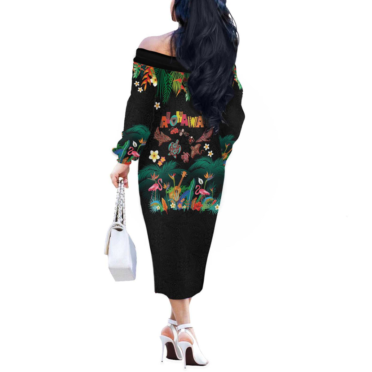 Hawaiian Alohawaii Off The Shoulder Long Sleeve Dress Tribal Sea Animals Tattoo and Tropical Plants LT03 - Polynesian Pride