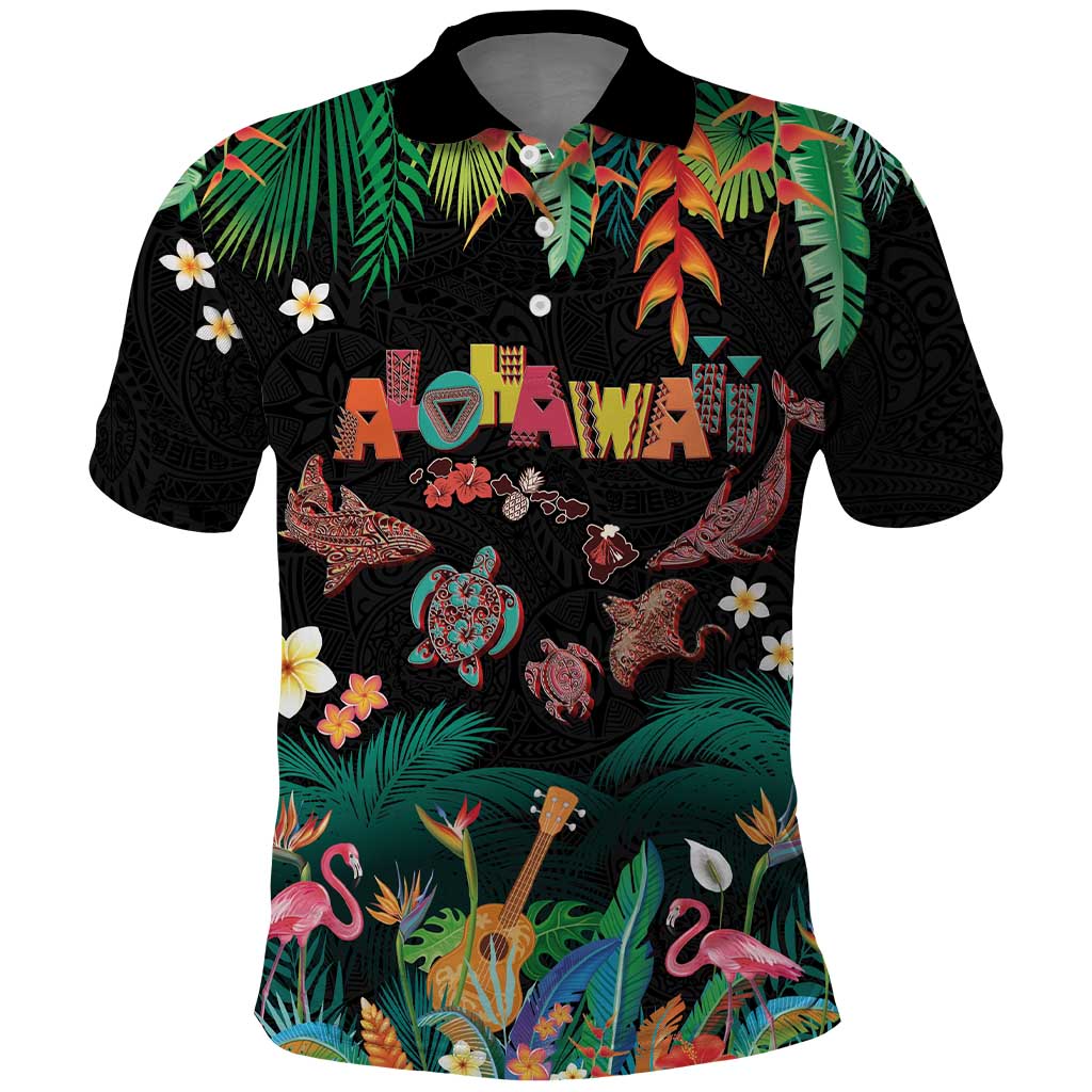 Hawaiian Alohawaii Polo Shirt Tribal Sea Animals Tattoo and Tropical Plants LT03 Black - Polynesian Pride