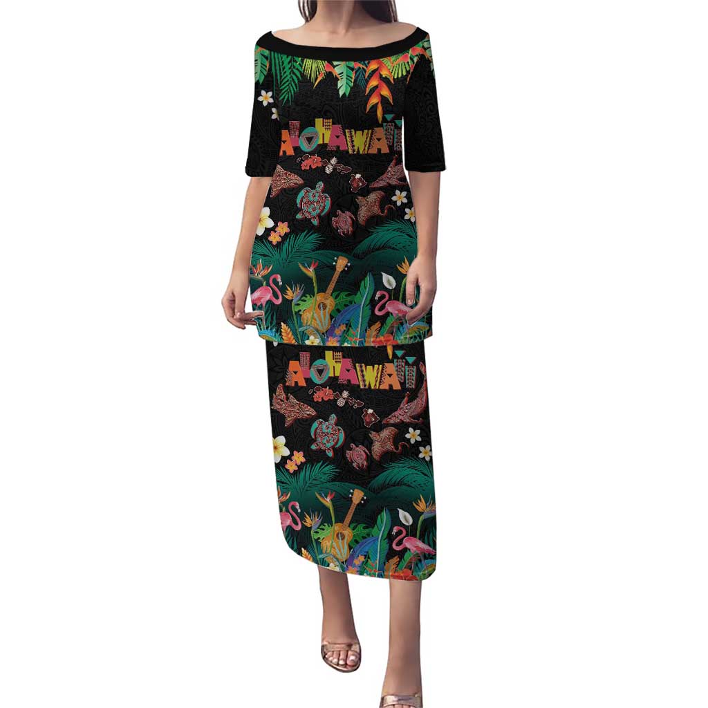 Hawaiian Alohawaii Puletasi Tribal Sea Animals Tattoo and Tropical Plants LT03 Long Dress Black - Polynesian Pride