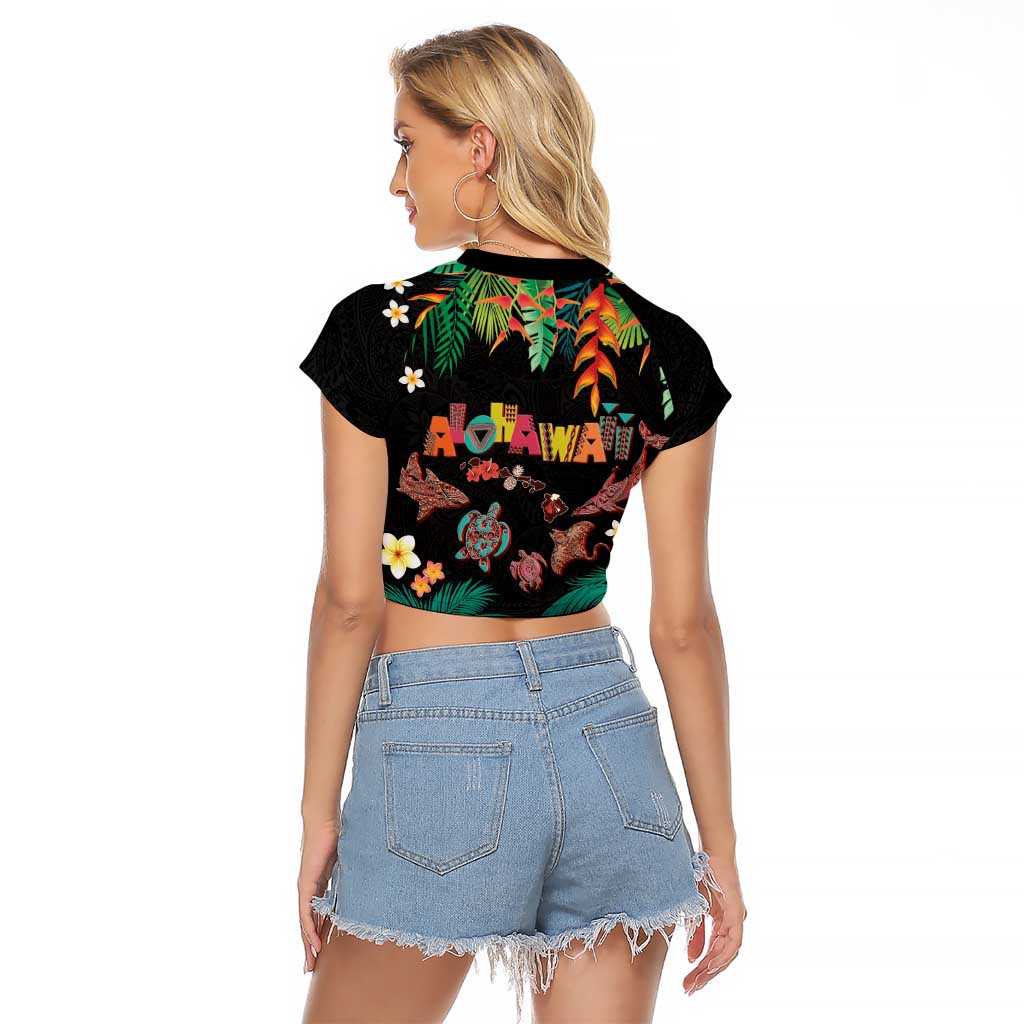 Hawaiian Alohawaii Raglan Cropped T Shirt Tribal Sea Animals Tattoo and Tropical Plants LT03 - Polynesian Pride