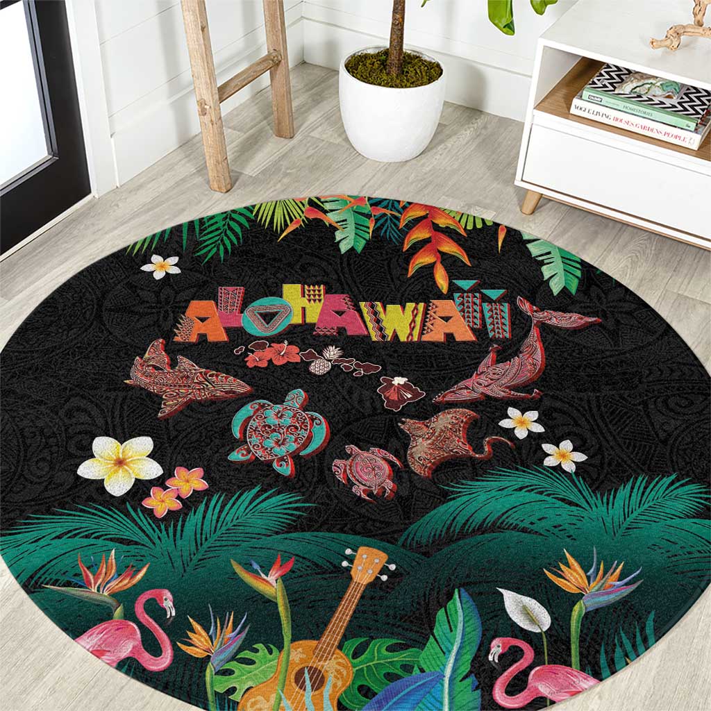 Hawaiian Alohawaii Round Carpet Tribal Sea Animals Tattoo and Tropical Plants LT03 Black - Polynesian Pride
