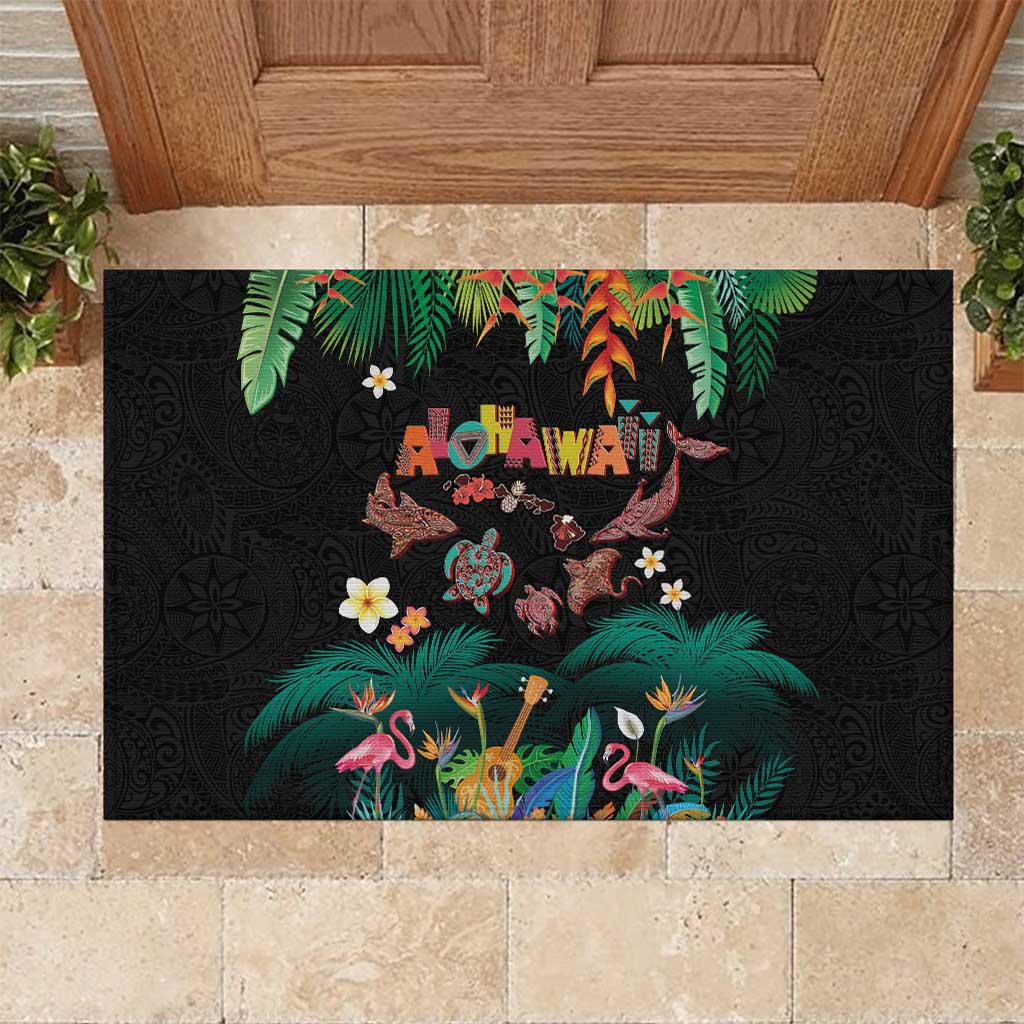 Hawaiian Alohawaii Rubber Doormat Tribal Sea Animals Tattoo and Tropical Plants LT03 Black - Polynesian Pride