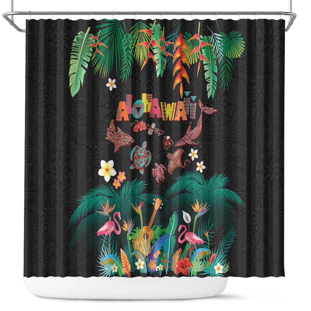 Hawaiian Alohawaii Shower Curtain Tribal Sea Animals Tattoo and Tropical Plants LT03 Black - Polynesian Pride