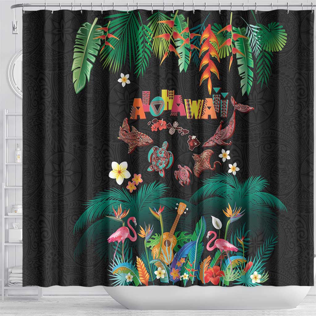 Hawaiian Alohawaii Shower Curtain Tribal Sea Animals Tattoo and Tropical Plants LT03 - Polynesian Pride