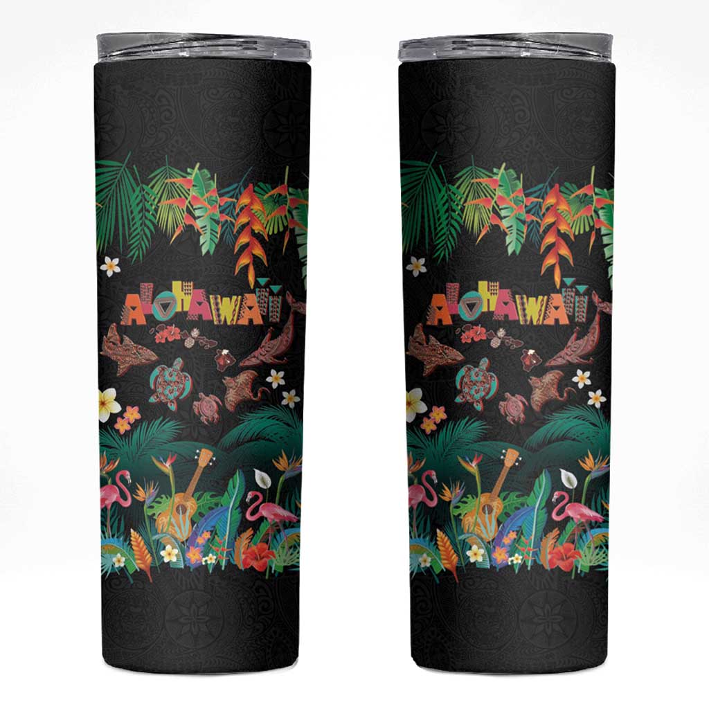 Hawaiian Alohawaii Skinny Tumbler Tribal Sea Animals Tattoo and Tropical Plants LT03 Black - Polynesian Pride