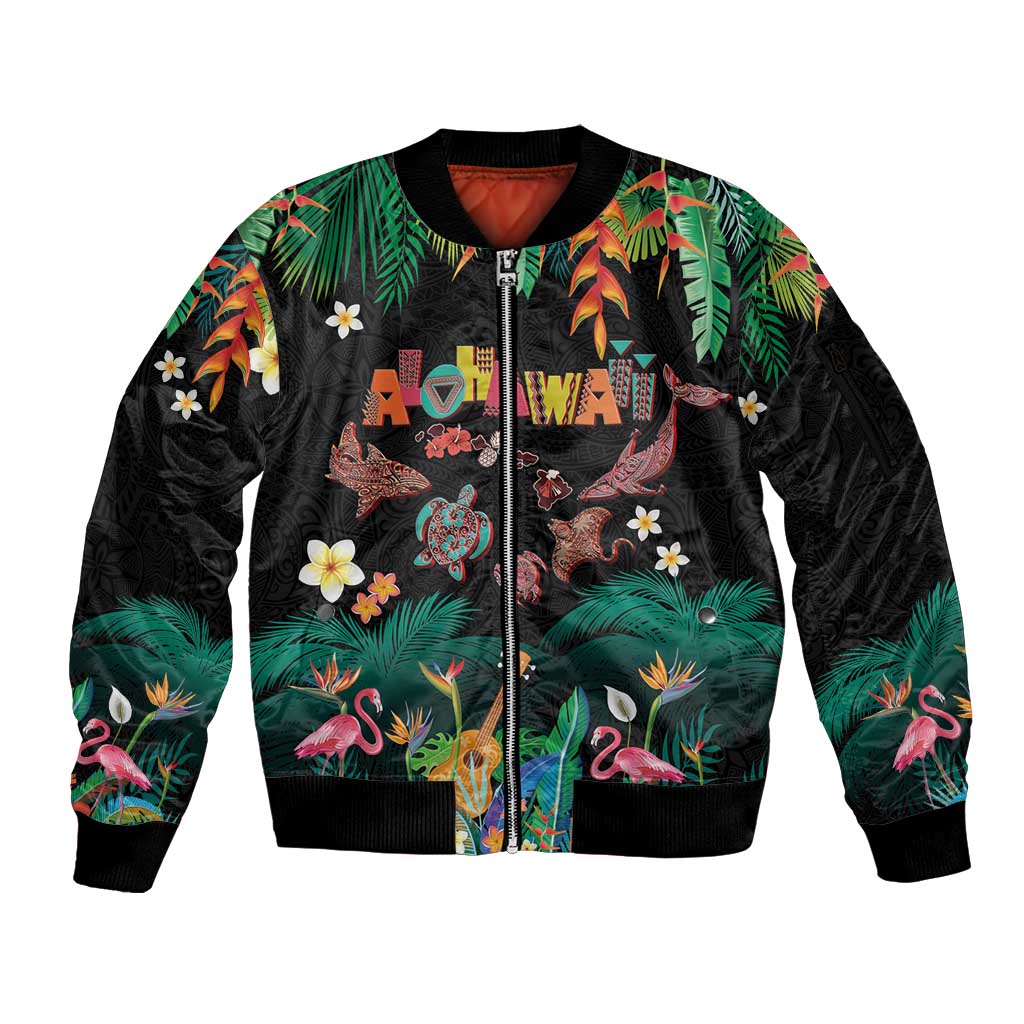 Hawaiian Alohawaii Sleeve Zip Bomber Jacket Tribal Sea Animals Tattoo and Tropical Plants LT03 Unisex Black - Polynesian Pride