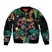 Hawaiian Alohawaii Sleeve Zip Bomber Jacket Tribal Sea Animals Tattoo and Tropical Plants LT03 Unisex Black - Polynesian Pride