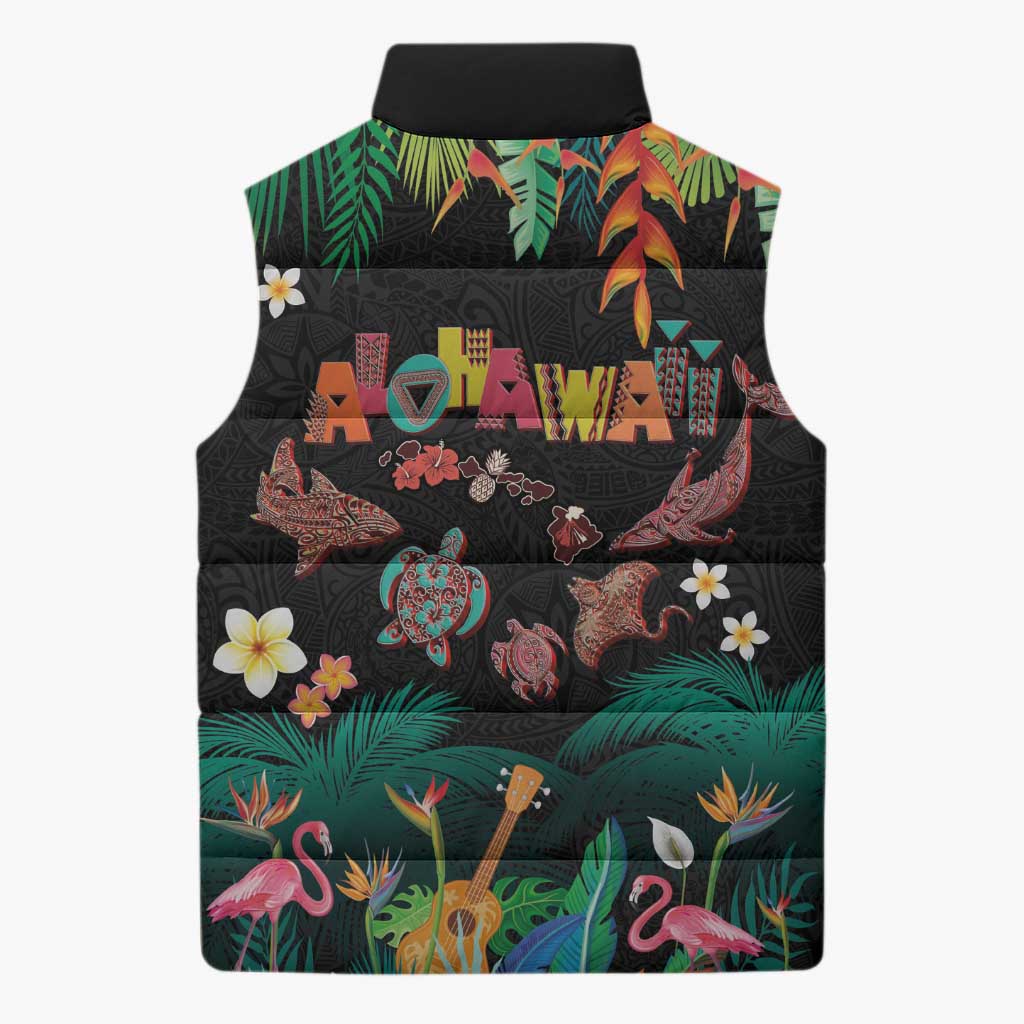 Hawaiian Alohawaii Sleeveless Puffer Jacket Tribal Sea Animals Tattoo and Tropical Plants LT03 - Polynesian Pride