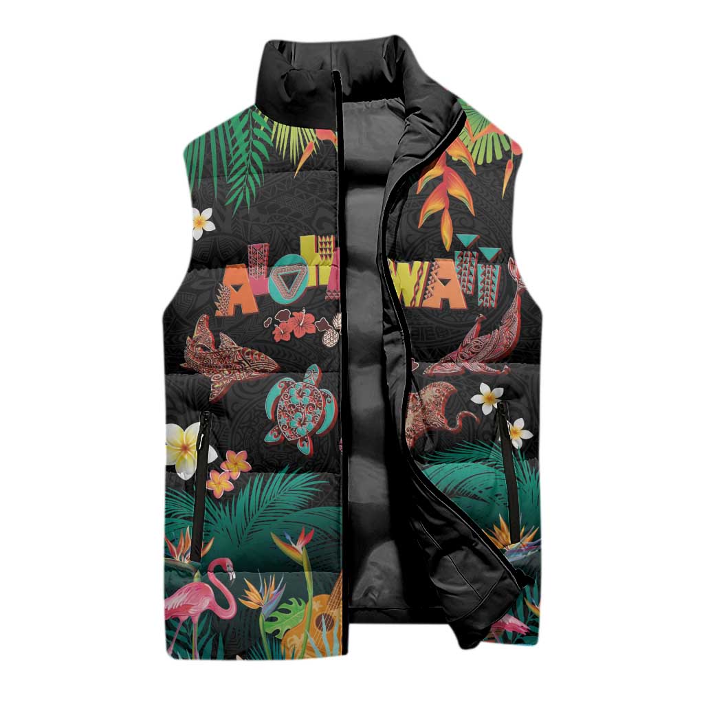 Hawaiian Alohawaii Sleeveless Puffer Jacket Tribal Sea Animals Tattoo and Tropical Plants LT03 - Polynesian Pride