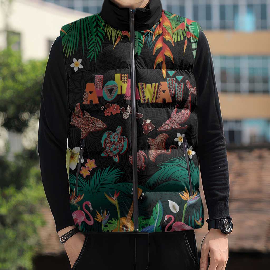 Hawaiian Alohawaii Sleeveless Puffer Jacket Tribal Sea Animals Tattoo and Tropical Plants LT03 - Polynesian Pride