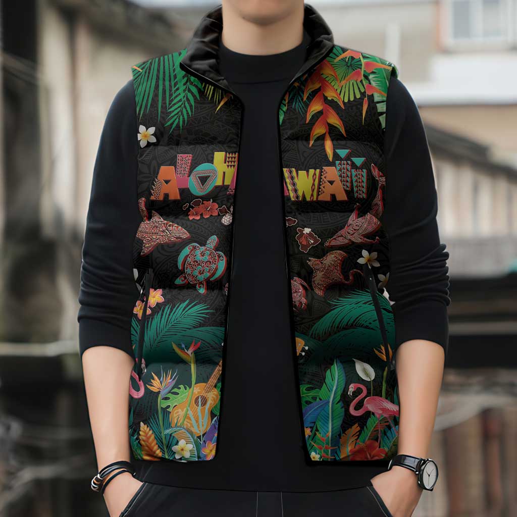 Hawaiian Alohawaii Sleeveless Puffer Jacket Tribal Sea Animals Tattoo and Tropical Plants LT03 - Polynesian Pride