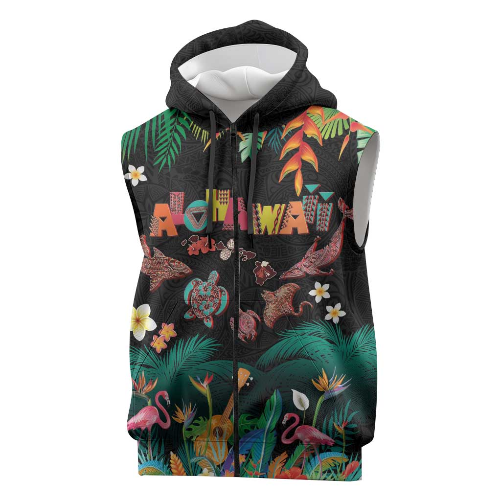 Hawaiian Alohawaii Sleeveless Zip Hoodie Tribal Sea Animals Tattoo and Tropical Plants LT03 Black - Polynesian Pride