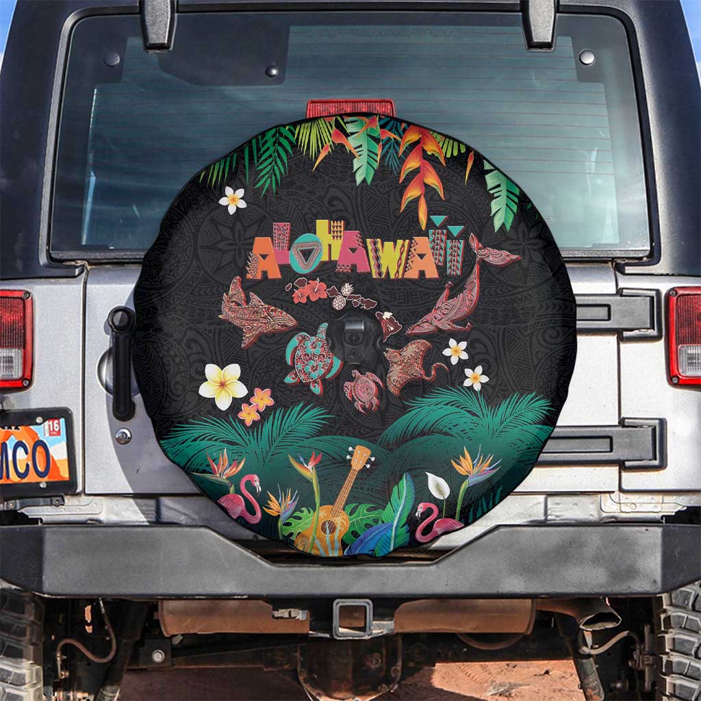 Hawaiian Alohawaii Spare Tire Cover Tribal Sea Animals Tattoo and Tropical Plants LT03 Black - Polynesian Pride